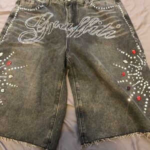 Graffiti Embellished Denim Shorts